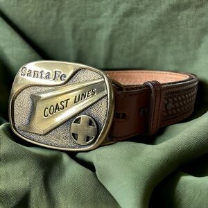 Sante Fe Coast Lines Brass Belt Buckle  Bonded Braided Leather Belt